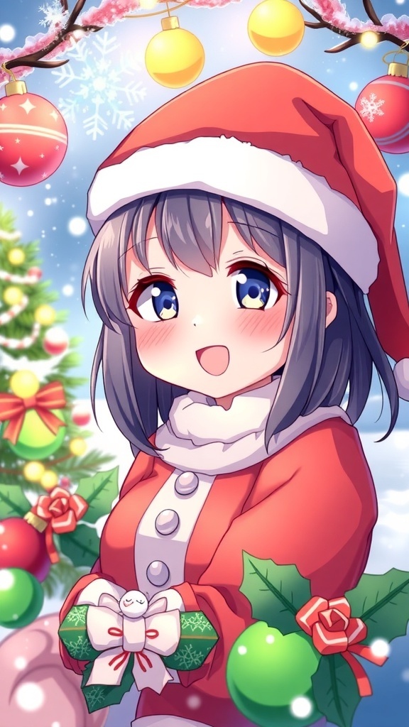 Kuromi in a Santa hat, festive Christmas drawing with snowflakes and ornaments.